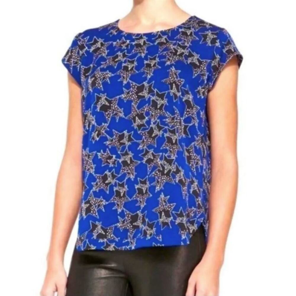 Diane Von Furstenberg DVF Blue Silk Star Print Cap Sleeve Blouse Top Size 8 M
